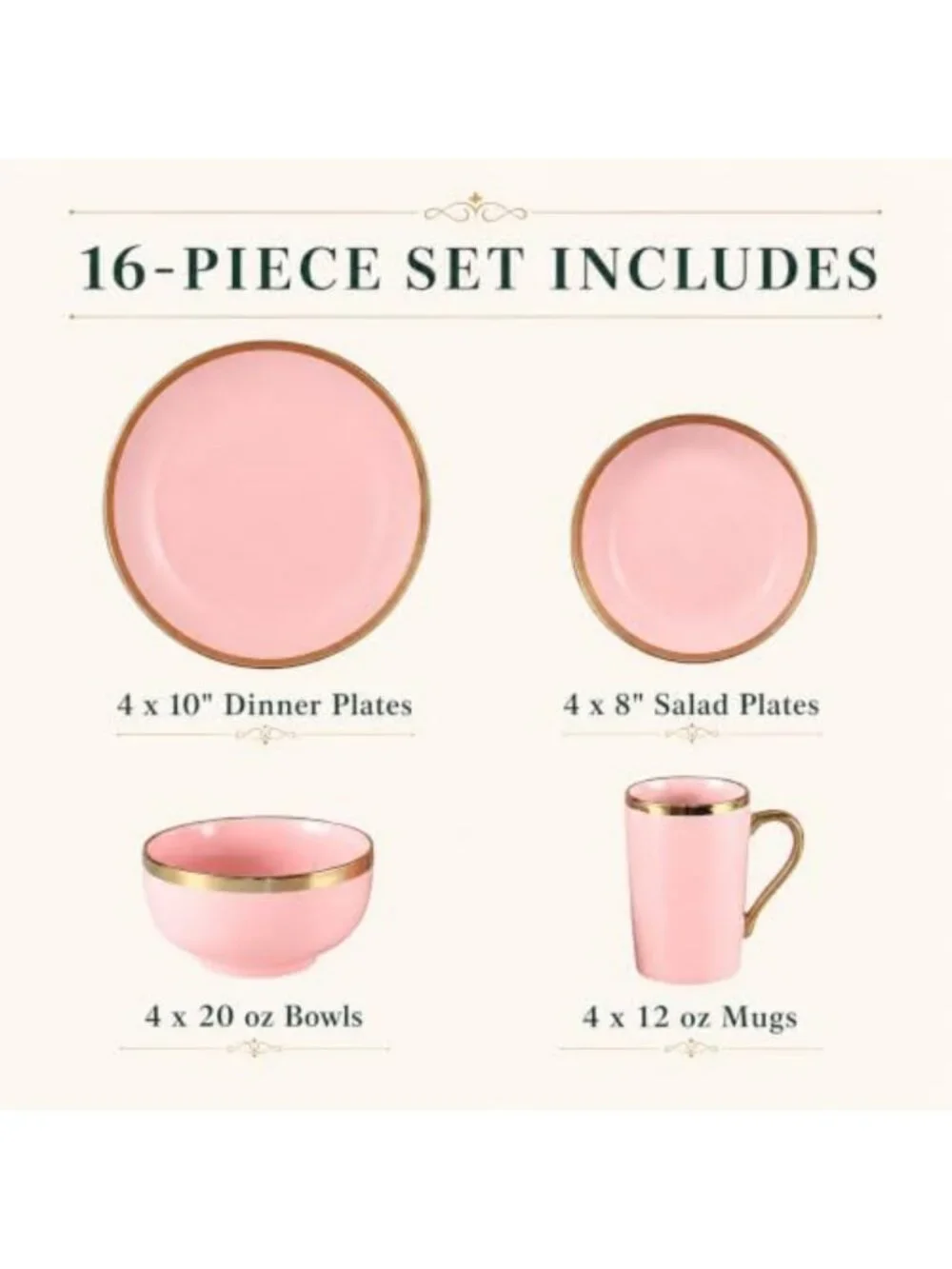 Elegant Pink and Gold Porcelain Dinnerware Set for 4 | 16-Piece Gold Rim